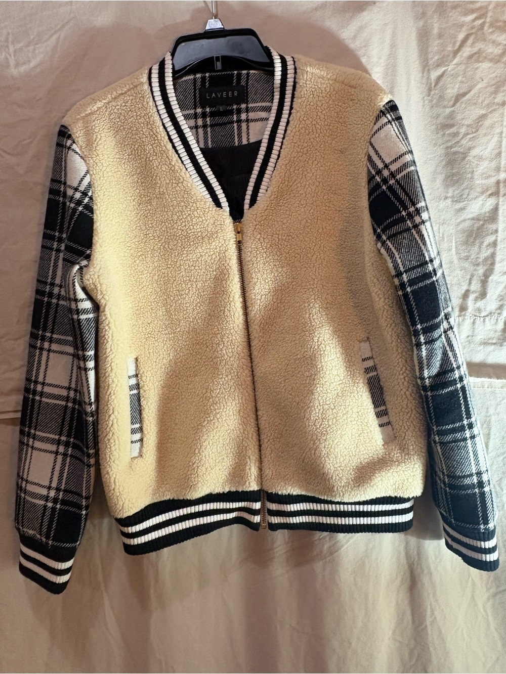 LAVEER Plaid & Sherpa Teddy Varsity Bomber Jacket Womens